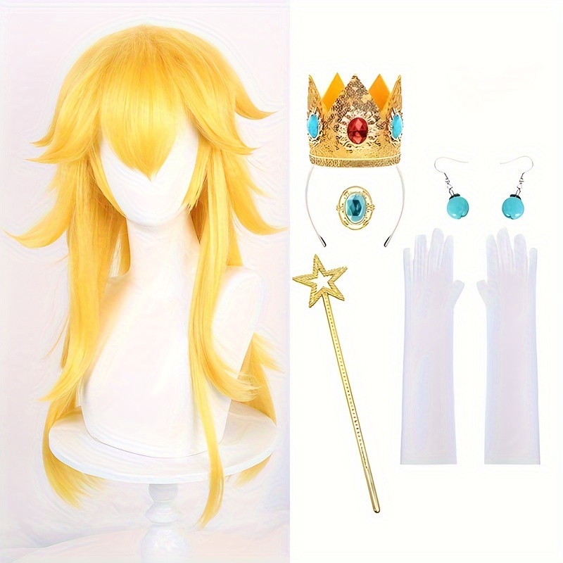 

Cos Wig 28-inch Long Straight Heat Resistant Video Game Themed Costume With Crown, Earrings, Wand, And Gloves For Cosplay, , Thanksgiving, Christmas Party - Rose Net Cap