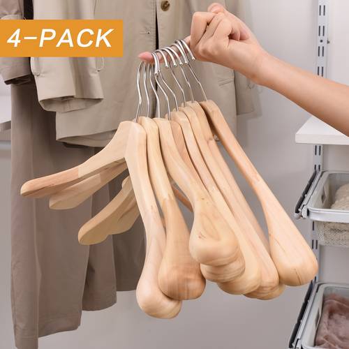 verbreiterte massivholz-bügel in naturholzfarbe – 4er-pack, rutschfeste, rückstandsfreie schulter-ecken-holz-kleiderbügel, für mäntel, anzüge jacken