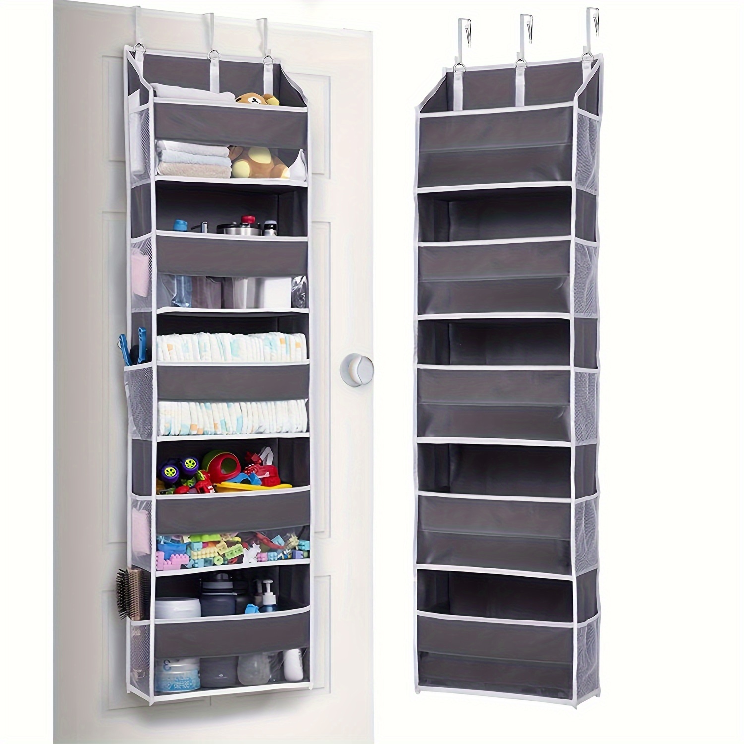 

1pc Dark Grey Over Door Organizer With 5 Large Pockets And 10 Mesh Side Pockets - Holds 44 Lbs And Perfect For Bedroom, Nursery, Kids Toys, Shoes, Diapers, And More