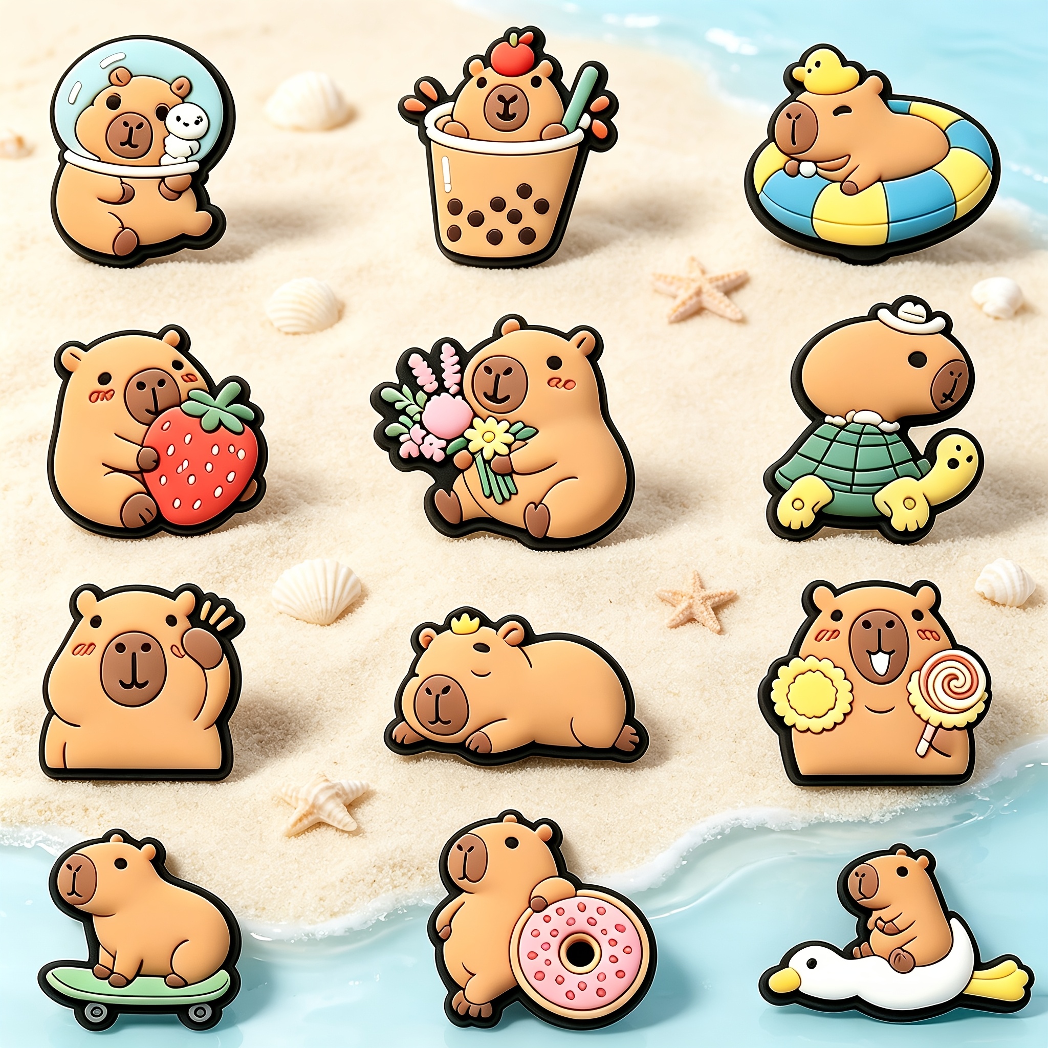 TEMU 12pcs Breloques de Chaussures Capybara en Caoutchouc Souple PVC, Décorations de Boutons de Chaussures d'Animaux de Dessin Animé, Ornements de