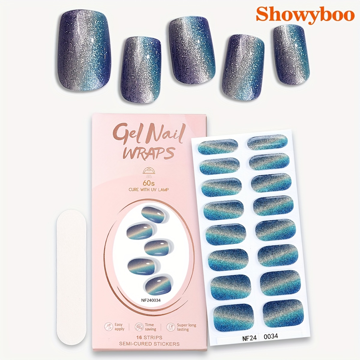 

16pcs Semi Cure Gel Nail Strips, 's Eye Glitter Polarized Full Nail Wrap, , Uv Lamp Required, Nail Stickers For Women And Girls For Quick Manicure When Travelling