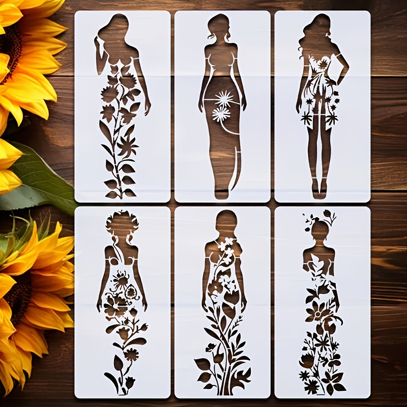 E-shop 6 Elegante Ölgemälde-Vorlagen mit weiblichem Thema, 15x30 cm (5.9X11.8 Zoll) wiederverwendbare florale und Charakter-Designs, robuste