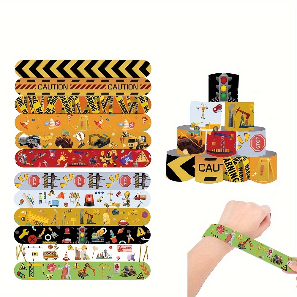 

24pcs Construction Vehicle Slap Bracelets, Building Theme Party Wristbands, Excavator Birthday Gifts, Fun Party Supplies For Kids, Plastic Material, No Electricity Required, Featherless.