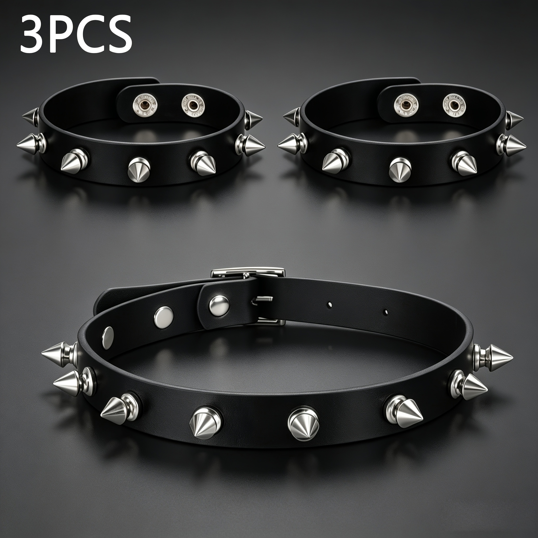 TEMU 3pcs Gothic Punk Spiked Faux Leather Bracelet And Necklace Set For Men And Women, Adjustable Tapered Rivet Wristband And Neck Collar, Cuff