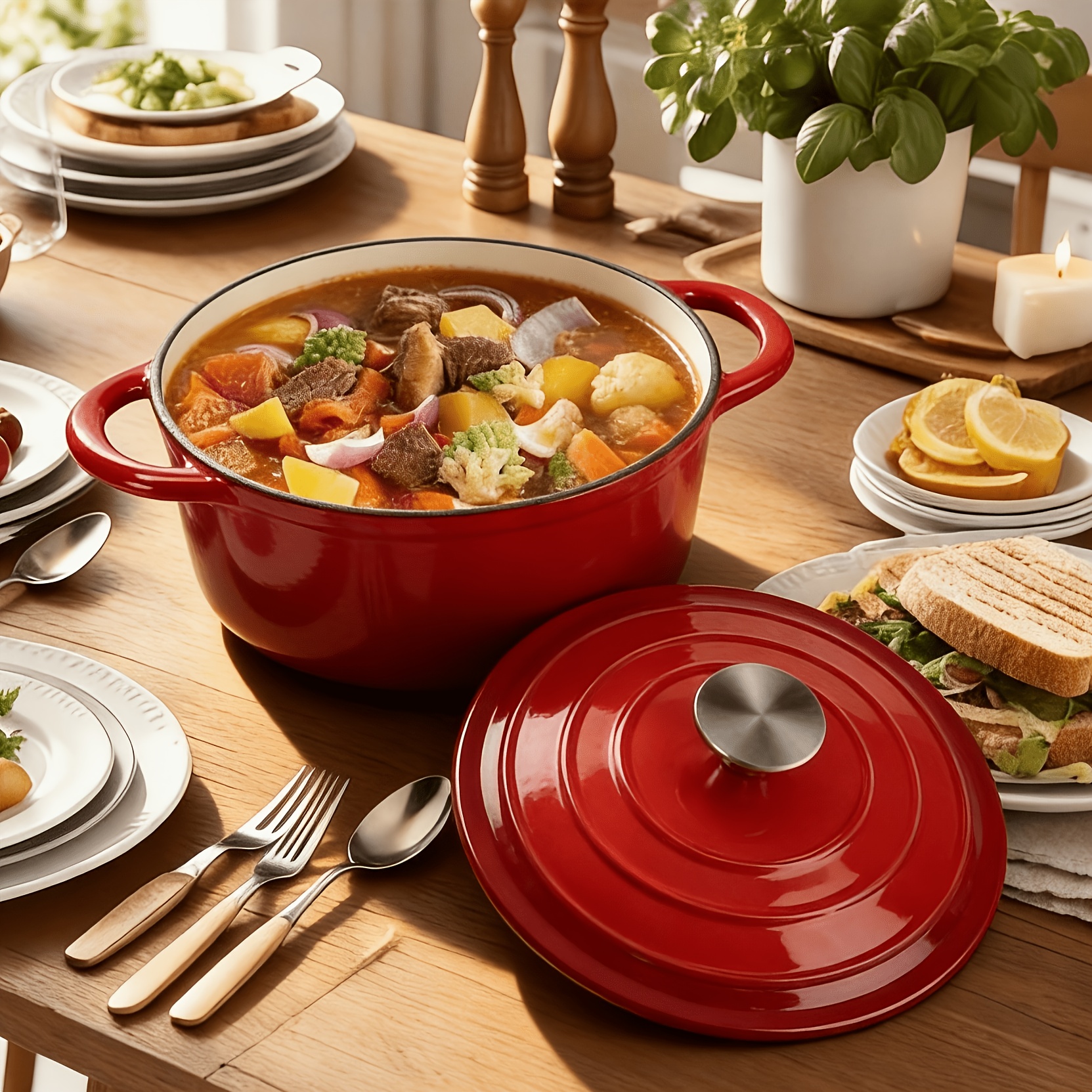 TEMU 5qt Enameled Cast Iron Dutch Oven With Lid, Heavy-duty Cookware For Bread Baking, Braising, & Roasting, Induction & All Stovetops Safe, Easy To