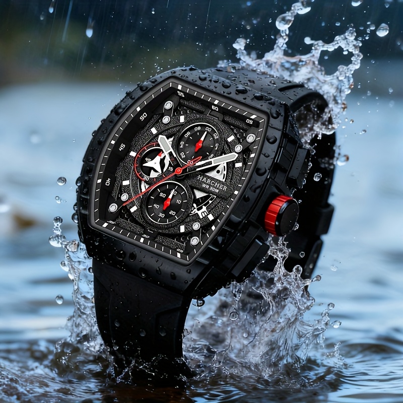 Image of H Men Wristwatches, High-accuracy Quartz Movement, Silicone Band, Waterproof, Calendar, Multi-functional Design, Men's Dress Watches