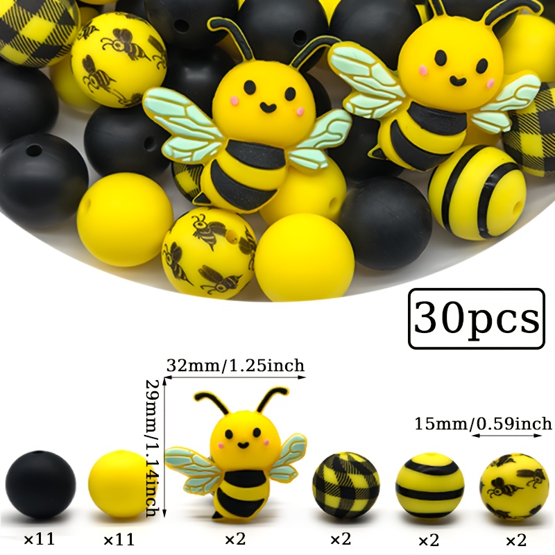 E-shop 30 Stück Silikonperlen, 3D dreidimensionale Bienenform, kombiniert mit schwarzen gelben runden Abstandsperlen, geeignet für