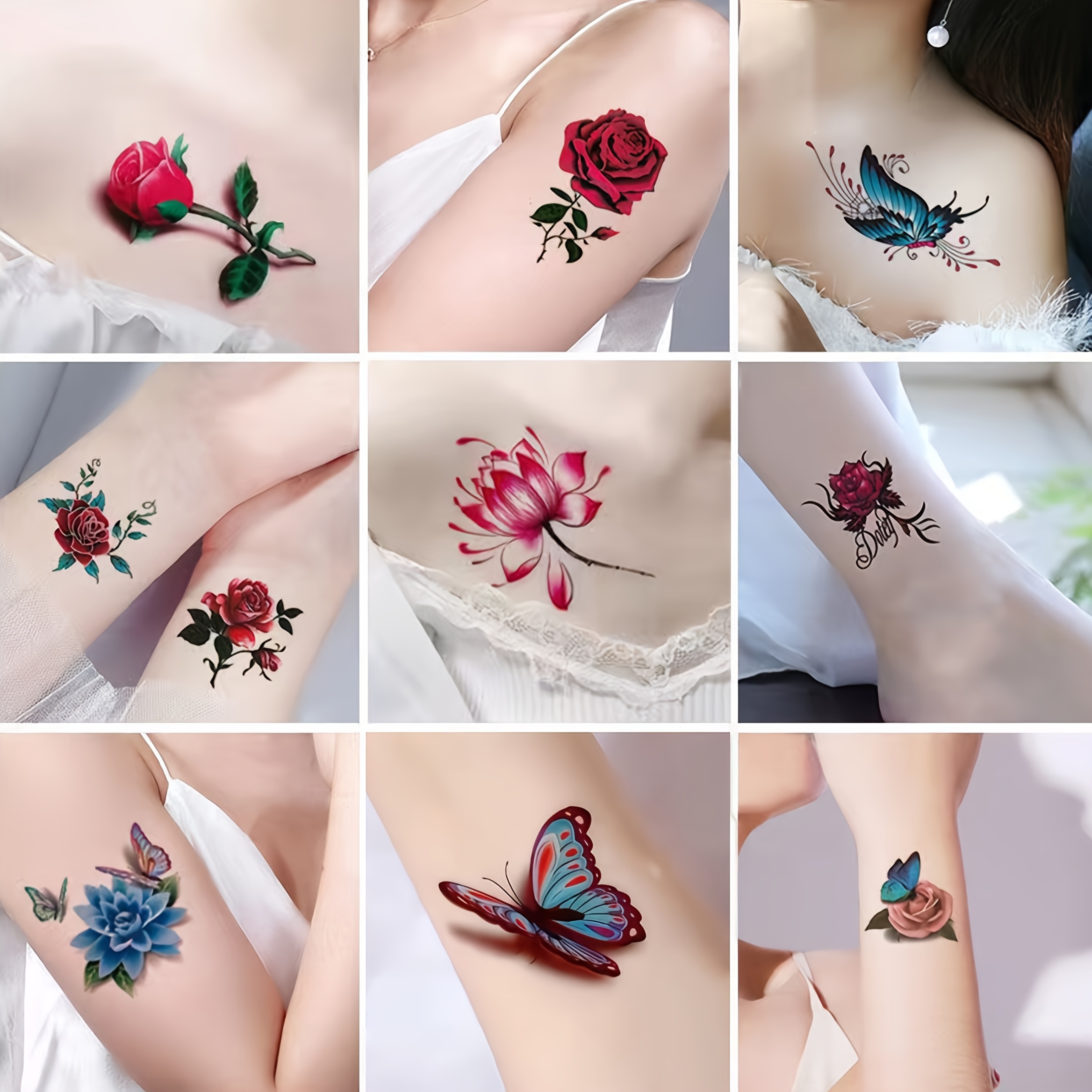  waterproof tattoo stickers long lasting temporary tattoos butterfly lotus and rose colorful pattern face arm back leg stickers body art details 1
