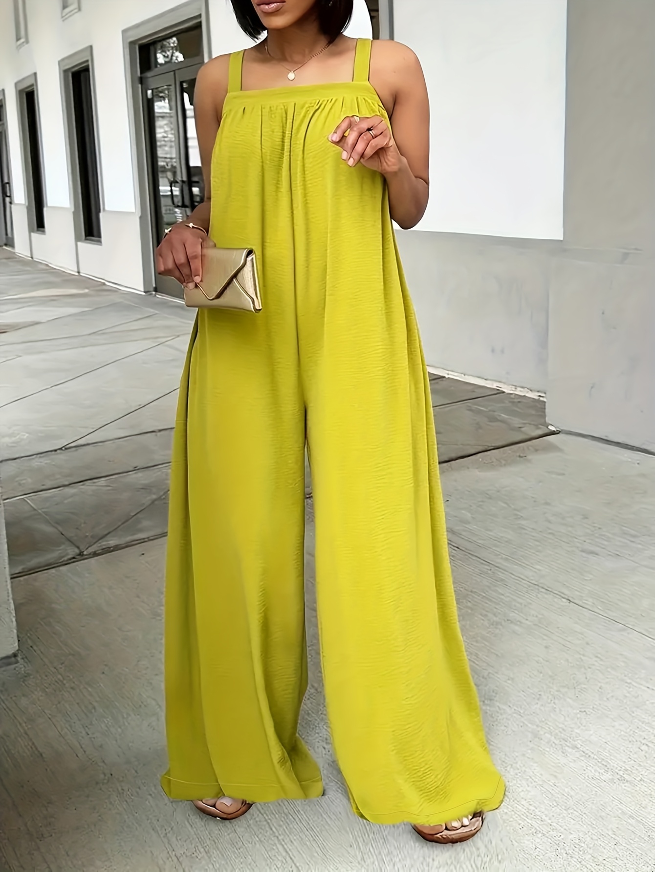 Plus Size Women'S Off-Shoulder Sleeveless Wide-Leg Jumpsuit Vibrant  Yellow Loose Fit Maxi Jumpsuit with Pockets, Machine Washable Spring/Summer  - Main Image
