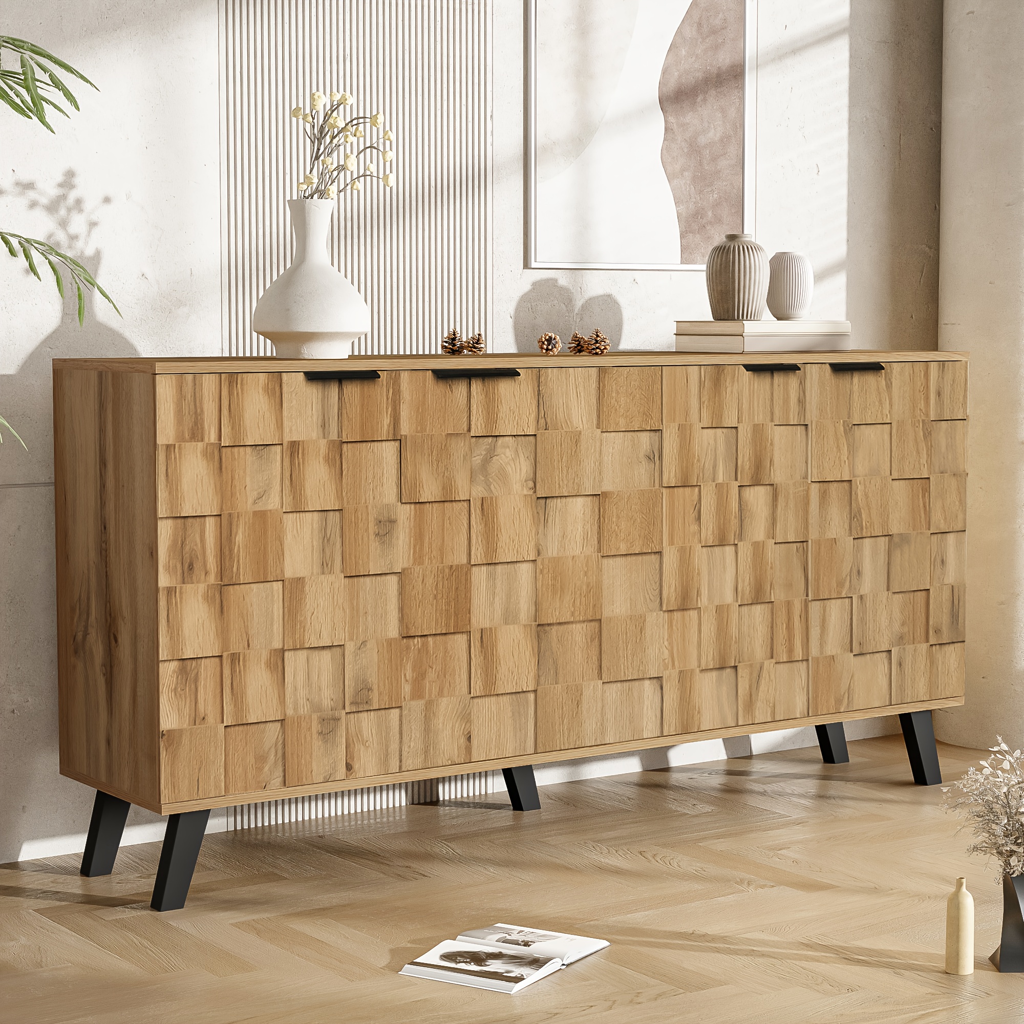 Sodobna omarica s štirimi vrati, dimenzij 160.5 X 35.5 X 78 cm, zasnovana za funkcionalnost v bivalnih prostorih, spalnicah in jedilnicah