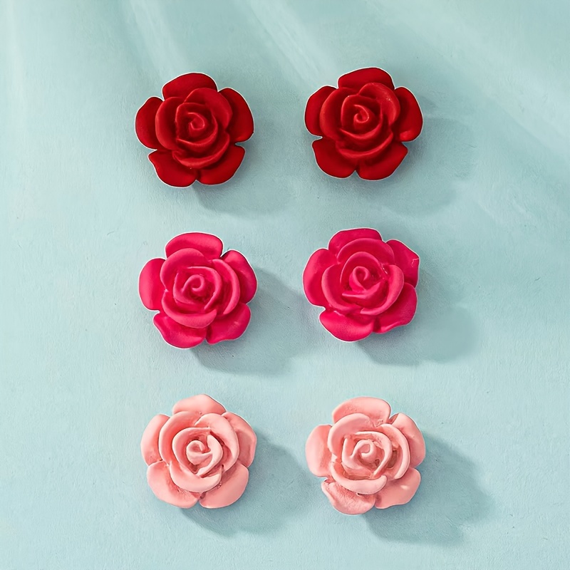3 Pairs Acrylic Rose Flower Stud Earrings Set