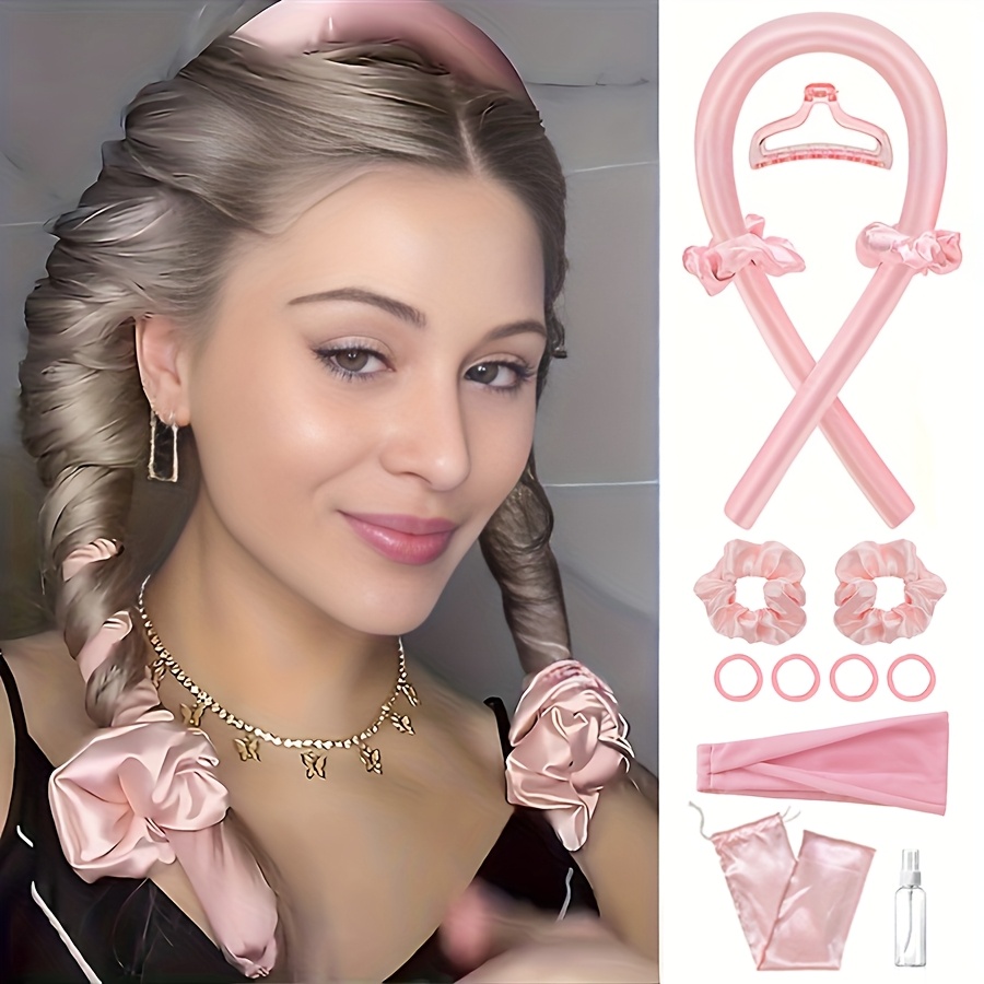 TEMU 11pcs No Heat Sleep Curling Iron Set With Spray Bottle - Pink &, No Heat Curling Irons For, No Heat Curling Irons For Natural Curls, No Heat Curling Irons For