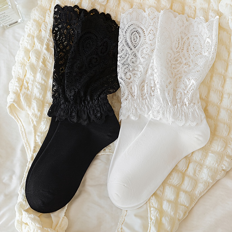 E-shop 2 Paar Damen Mid-Calf Socken, Easy Solid Lace Patchwork Süße Elegante High Aesthetic Damen Socken, Frühling Herbst Dünne Atmungsaktive