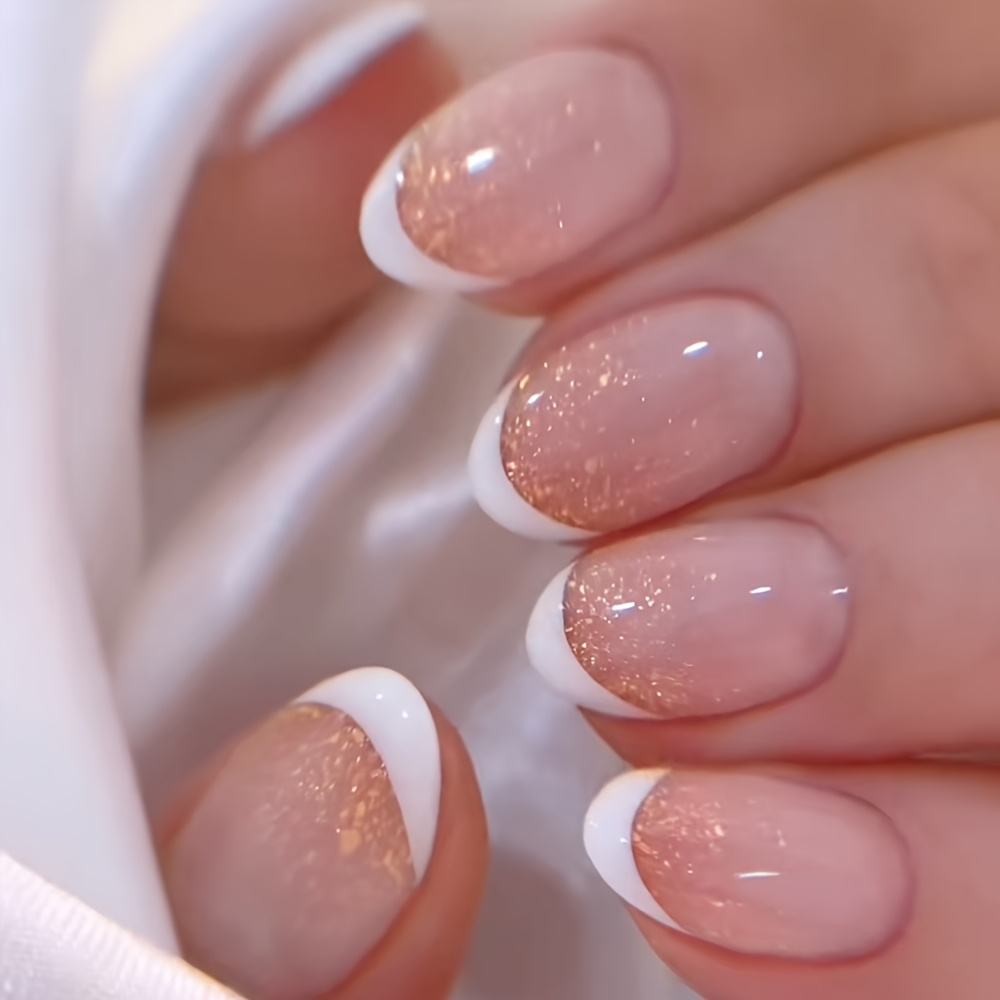 TEMU 24pcs Short Oval Press-on Nails, Glossy Elegant White With Golden Glitter, Full-coverage Removable Artificial Acrylic Diy Fake Nails, Suitable