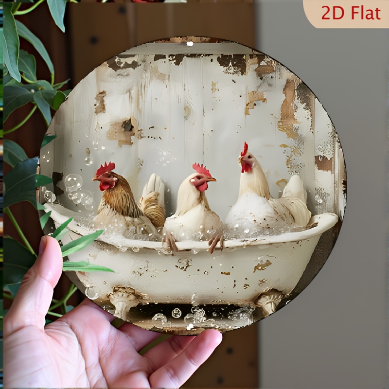 TEMU 2d Flat, 2d Decorative Signs & Plaques 1pc 8x8inch(20x20cm) Round Aluminum Sign - Funny Chickens Bathroom Decor Sign - Metal 2d Sign - For Decor - Unique Gift For , 2d Flat