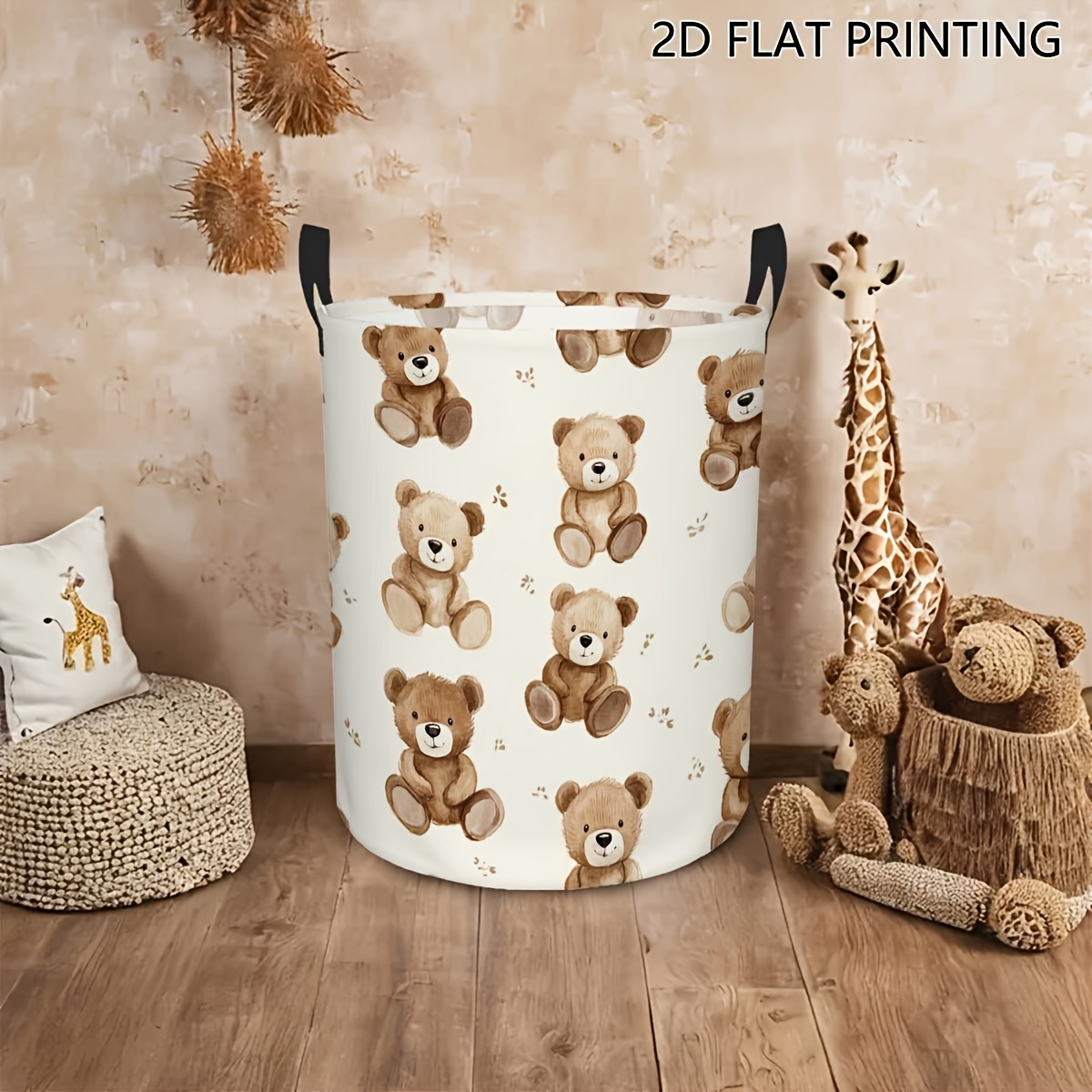 TEMU Opbergmand 1-Pack, Opbergbak met Herhalend Teddybeerpatroon, Woondecoratie Opbergmand, Ronde Opvouwbare Opbergbak met Stevige Handvatten,