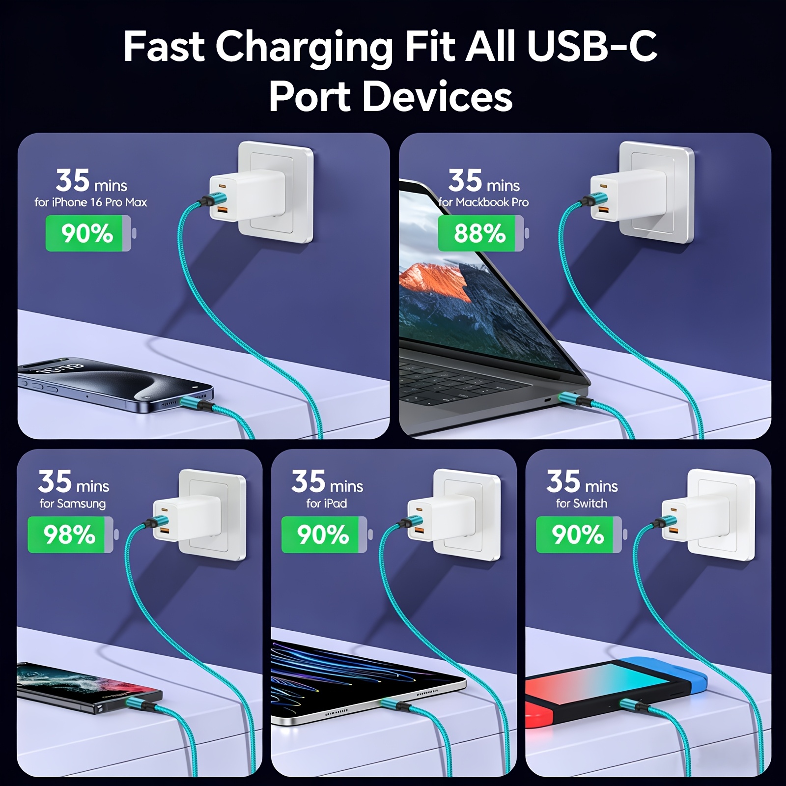 3pcs Fast Charging Cable with Smart Display Light