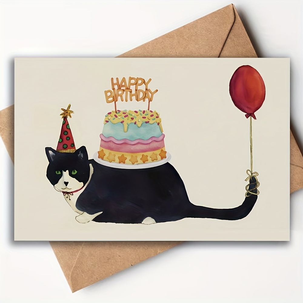 TEMU 1pc Quirky Black Cat Birthday Card With Balloon - Fun And Greeting For Colleagues, , - Features "happy Birthday" Text, Festive Illustration, And