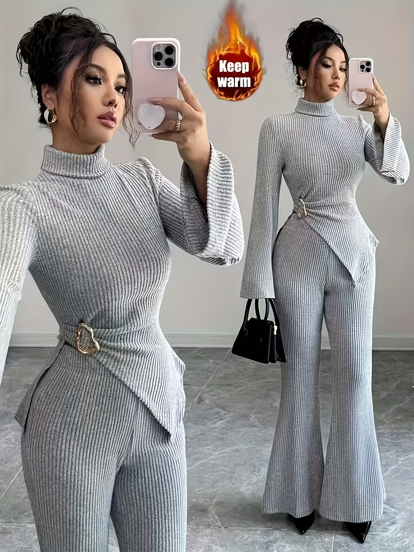 womens autumn winter fleece lined high neck asymmetrical hem long sleeve pants suit elegant solid   Product details 1