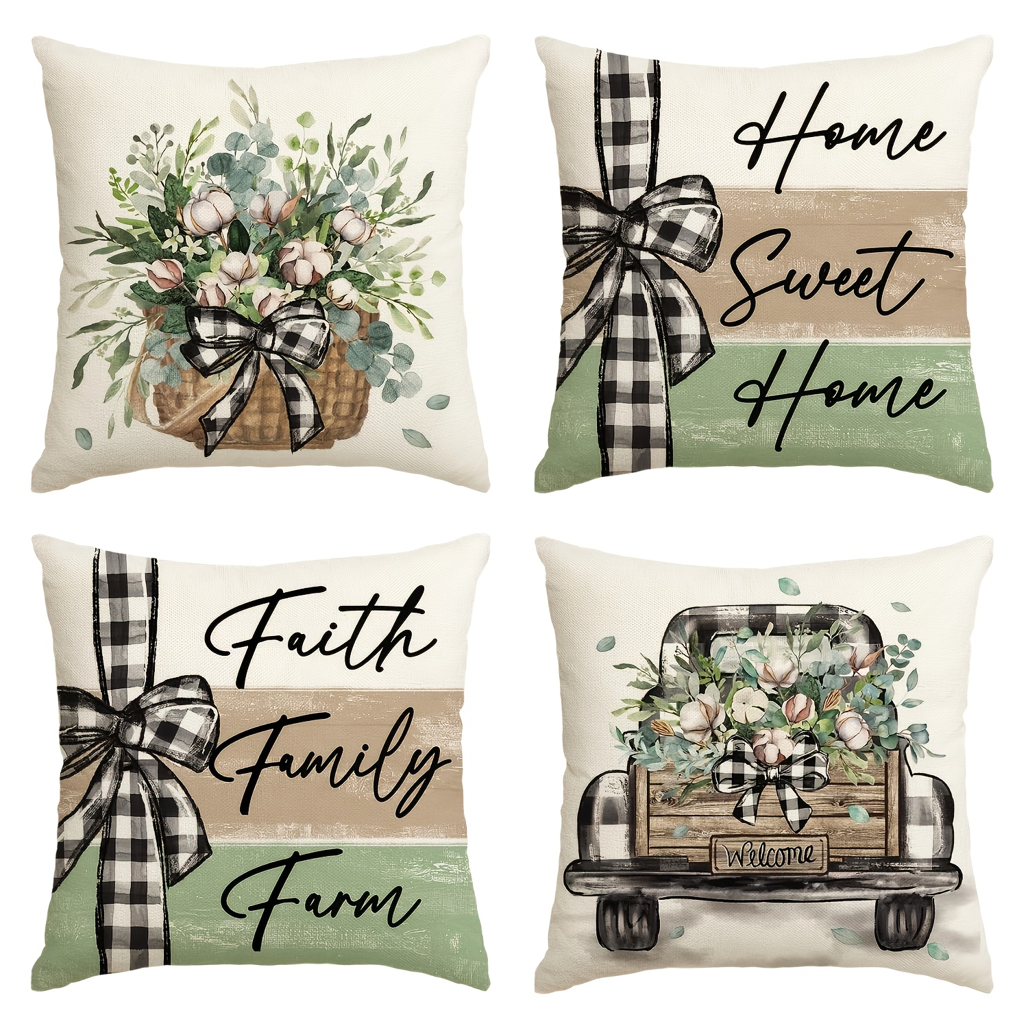 Hidecor Farmhouse - Set 4 Federe Cuscino 45x45 Cm In Cotone E Lino, Rustico Con Mucca E Scritta Our Nest