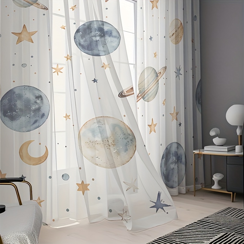 E-shop 2 Stück Halbtransparente Vorhänge, Traumhafte Sternenhimmel- und Planeten-Motiv Aquarell-Vorhänge, Romantische Raumdekoration für Schlafzimmer,