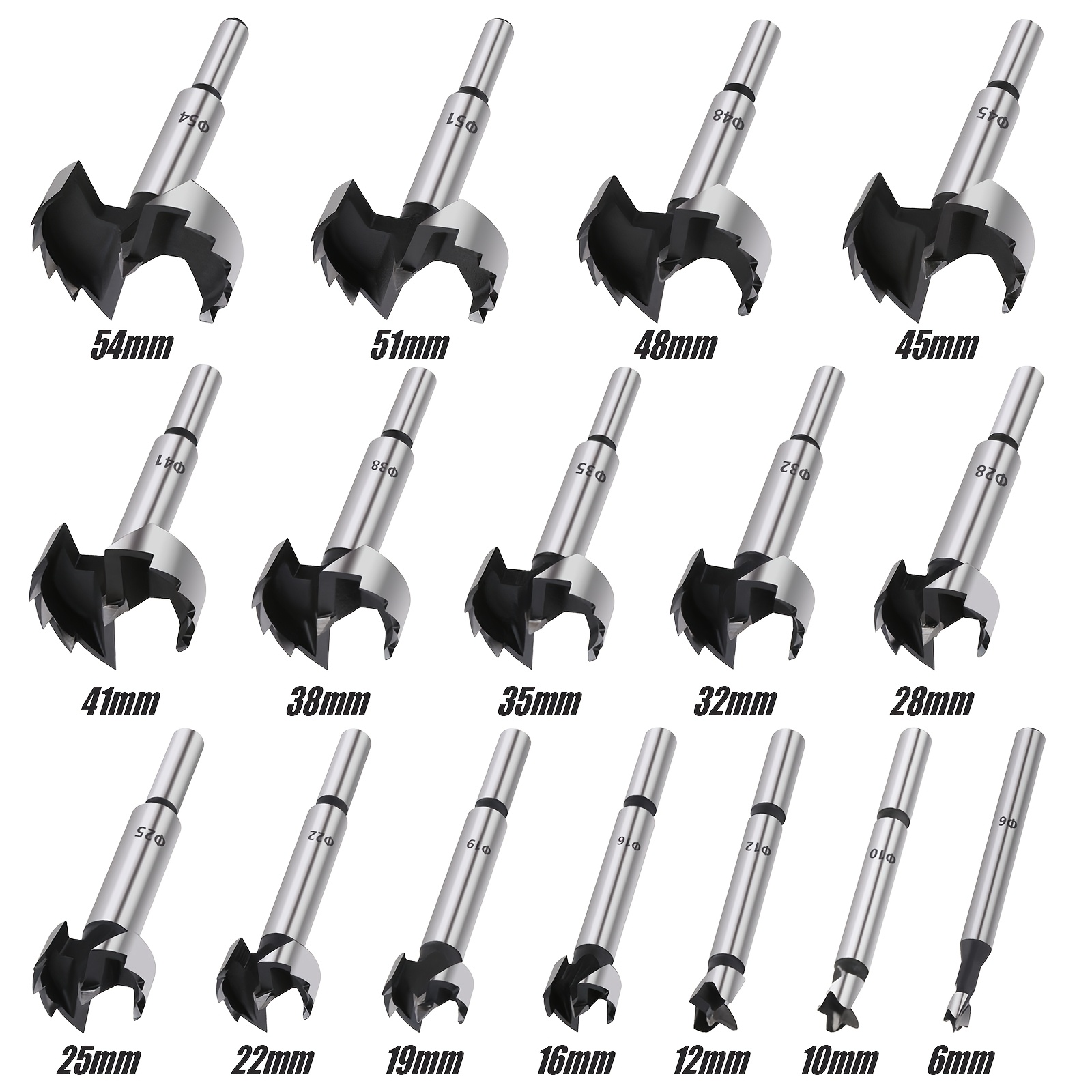 16pcs 6-54mm High Carbon Steel Tips Woodworking Tools Cutter Hinge Boring Drill Bits Round Shank