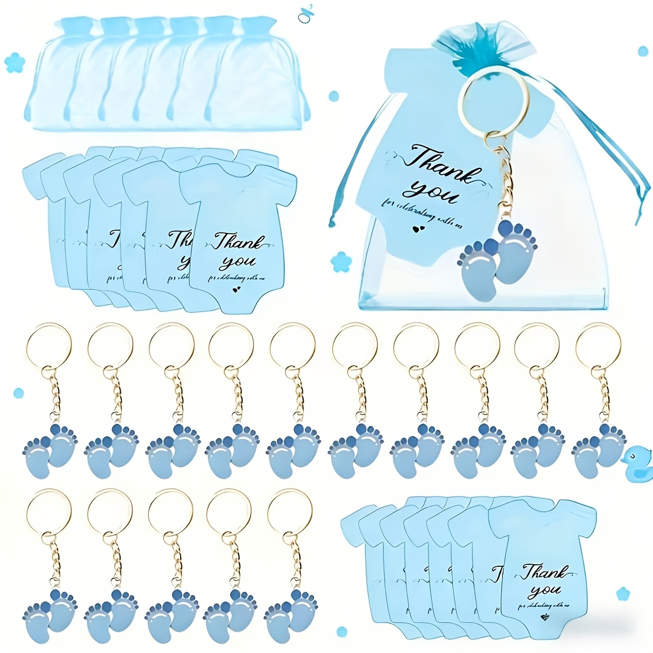 gift for her him 45pcs adorable blue footprint keychains gift set   any occasion   15pcs keychains 15pcs clothes shaped tags and 15pcs drawstring bags