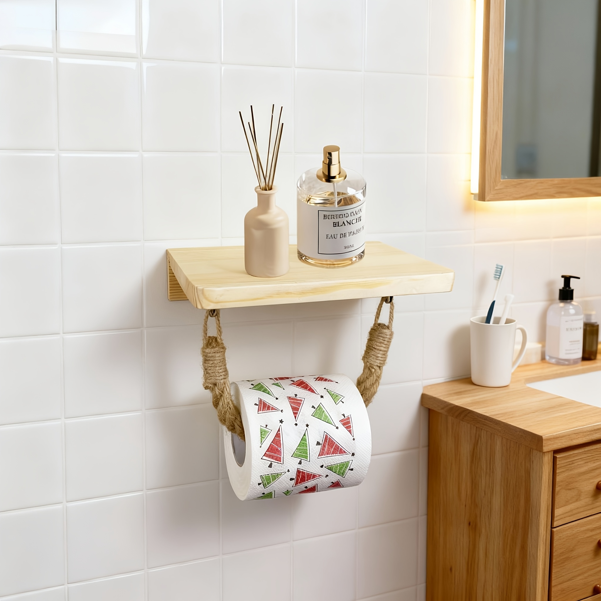 Image of Wall-mounted Wooden Bathroom Toilet Shelf With Toilet Paper Holder, Perfume Bottle Shelf, And Tissue Storage Rack