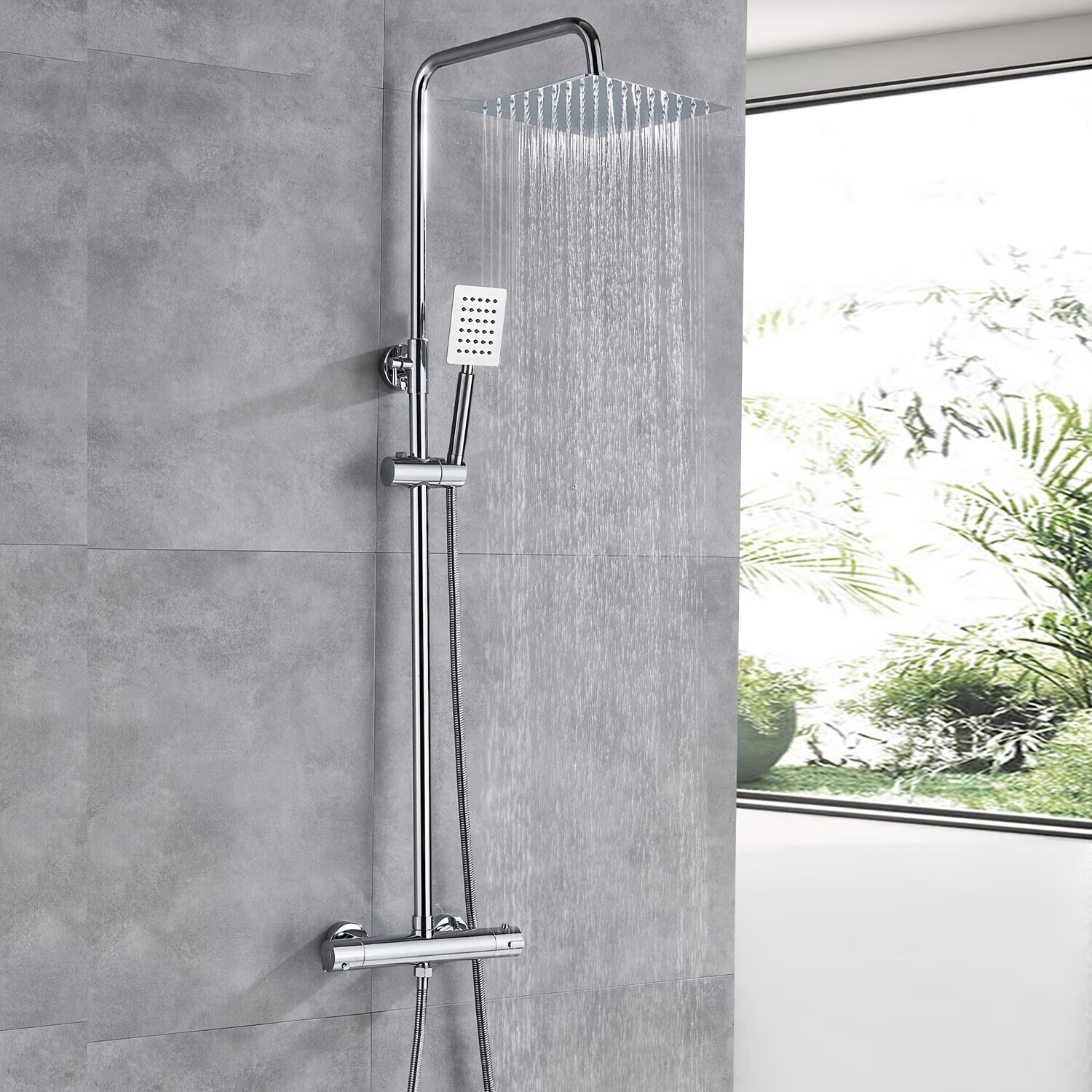 TEMU de ducha termostático de pared con columna de grifo extensible y cabezal de ducha tipo lluvia - Función de , altura ajustable, moderno, para