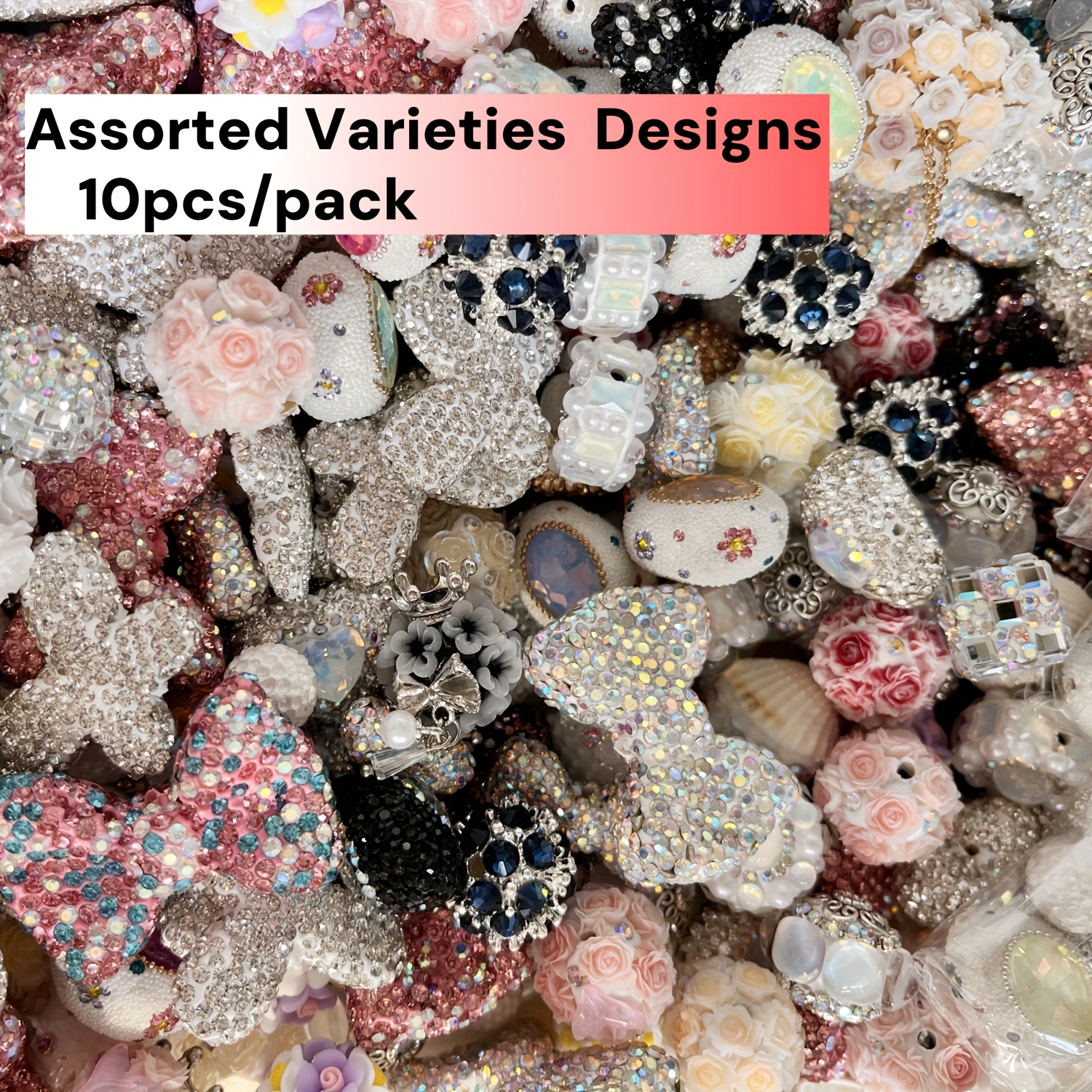 

10pcs Mixed Designs Handcrafted Clay Beads With Rhinestones, Floral , Diy Bracelet & Phone Charm, Beadable Pen Making, Assorted Varieties Craft Supplies