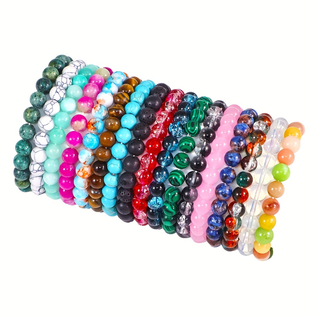 

Ensemble de 17 Bracelets Perlés - Pierre Naturelle & Verre de 8mm, Design Floral Élégant , Ajustement Extensible pour le Port des Femmes & Cadeaux, Colorée et