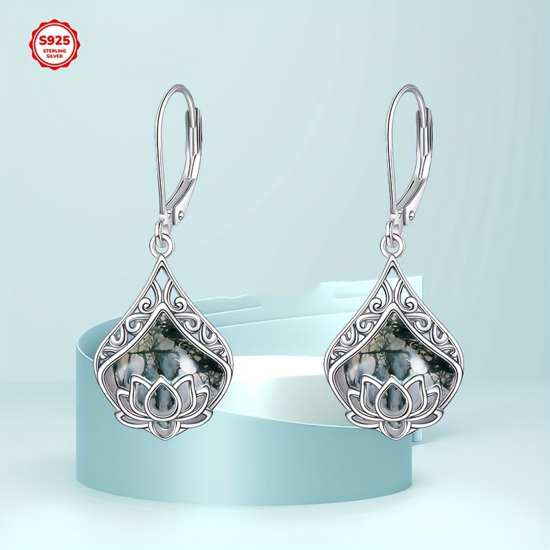 lotus flower earrings 925 sterling silver teardrop leaf moss agate dangle earrings for women lotus jewelry birthday Product details 0