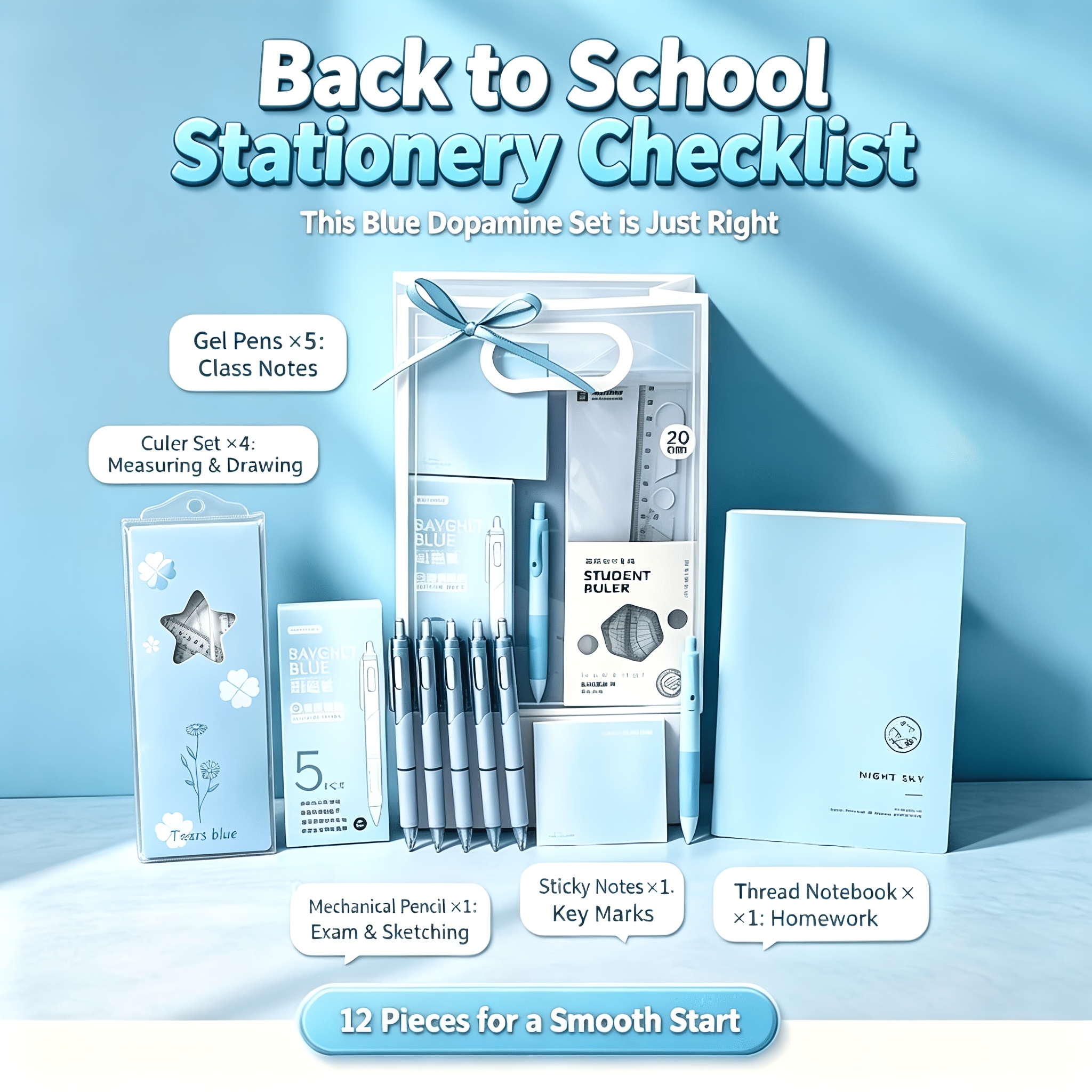 TEMU de Papeterie Dopamine Bleu, 12 pièces Fournitures de Rentrée Scolaire, Kit d'Écriture pour Étudiant avec Stylos à Gel, Jeu de Règles, Cahier,