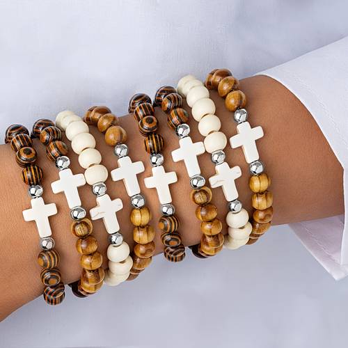 item picture 8 stylish vintage turquoise cross pattern wooden bead bracelets for couples wristbands ideal gifts for holidays and versatile additions