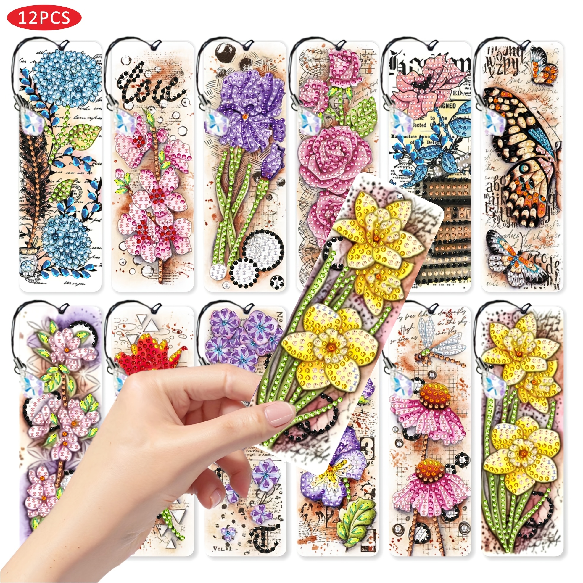 TEMU 12pcs Set Of Vintage Floral Themed Diamond Painting Bookmarks, Uniquely Designed Decoration Bookmarks, With Hanging Ropes And Crystal Pendants,