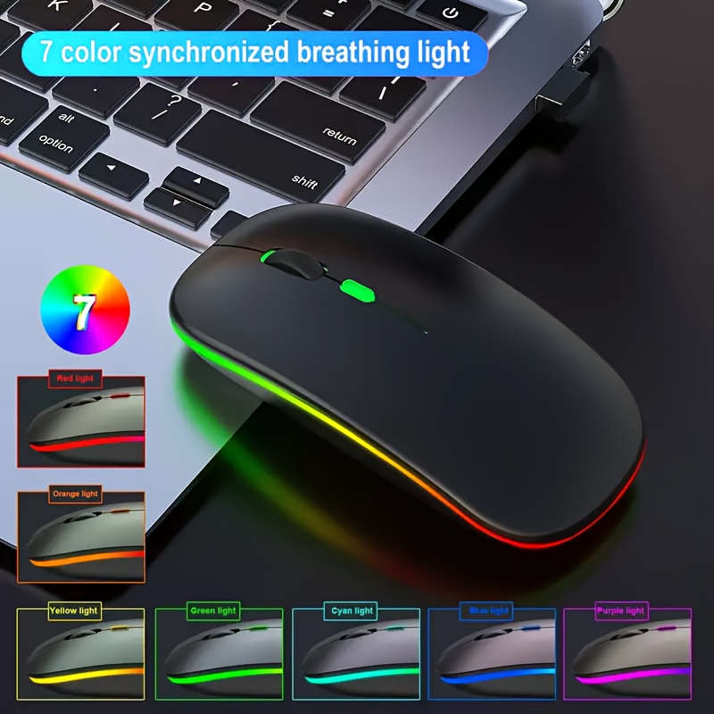 Souris sans fil rechargeable avec lumière LED, mode double BT et souris USB 2.4G pour le jeu, le portable, le tablette, le MacBook - Design noir élégant, forme ergonomique, plastique durable, chargement USB, chargeur non inclus, souris pour portable, accessoire pour tablette, accessoire moderne, surface lisse, souris sans fil pour portable, souris sans fil rechargeable, souris sans fil, souris ergonomique, souris de jeu, accessoire pour portable, souris ergonomique
