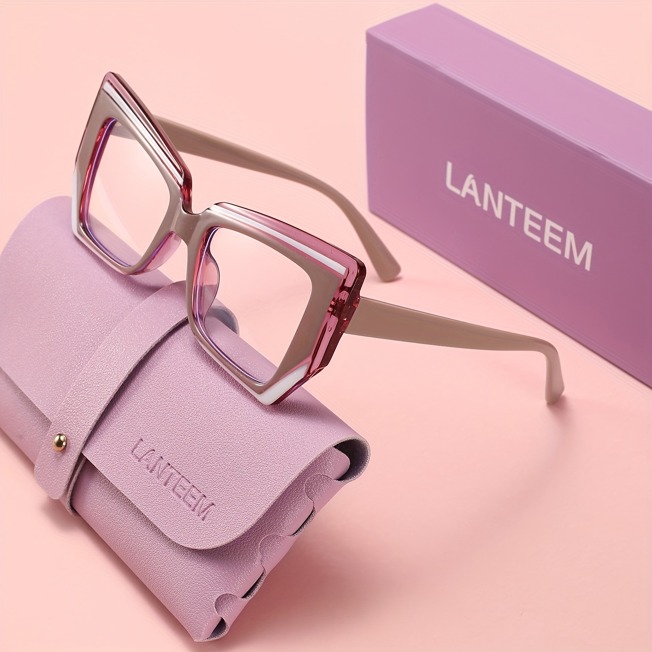 E-shop LANTEEM Damen Y2K Katzenaugen-Brille mit Etui – 1 Paar unregelmäßige Color-Block-Brillengestelle, klare Gläser, nicht dekorative Brille für den