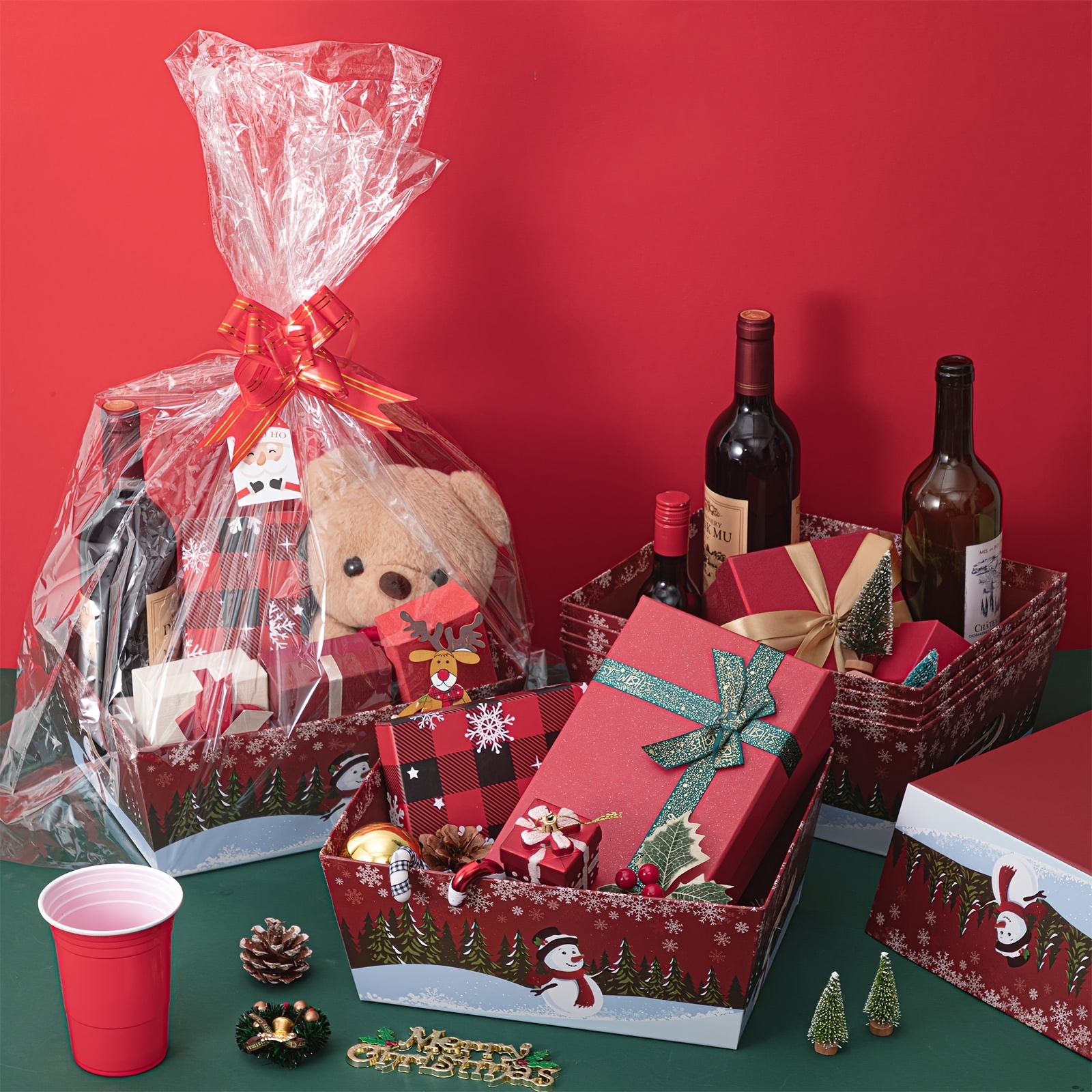 6 Sets (12 Large Baskets) Red Christmas Gift Baskets with Snowman Design & Sturdy Cardboard Construction - Assembly with Handles, Spacious Empty Baskets for Holiday Parties, Xmas Decorations, Gift Wrapping & Storage - Durable Party Supplies for Home