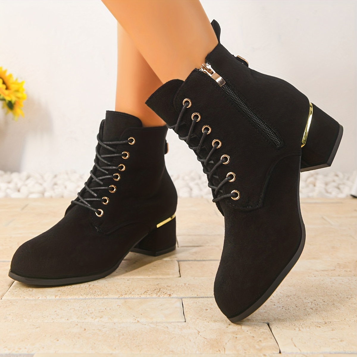 TEMU Fashion Women's Metal Rhinestone Embellished Lace-up Short Boots, Zipper Chunky Heel Ankle Boots, Fall Winter Trendy Elegant Boots, Women Shoes