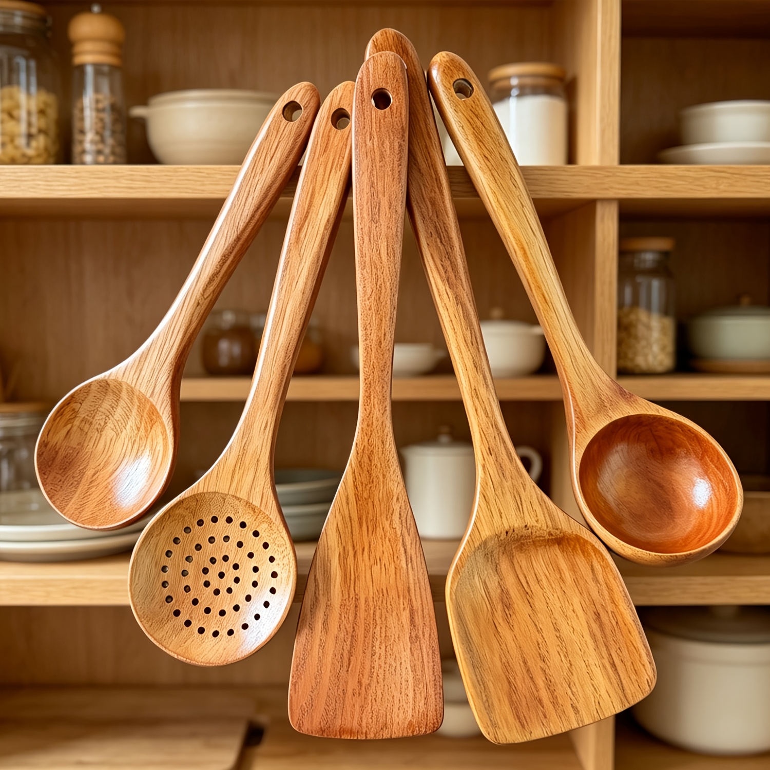 TEMU 3/5pcs Wooden Kitchen Utensil Set, Wooden Set Natural, Nonstick Cookware Kitchen Tools Ladle And Stir Fry Spatula Handmade Essentials, Mother's