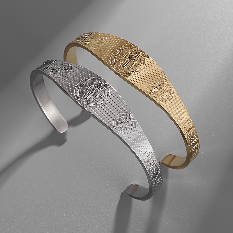 Unisex Stainless Steel Open Bangle Bracelet with Cross Design