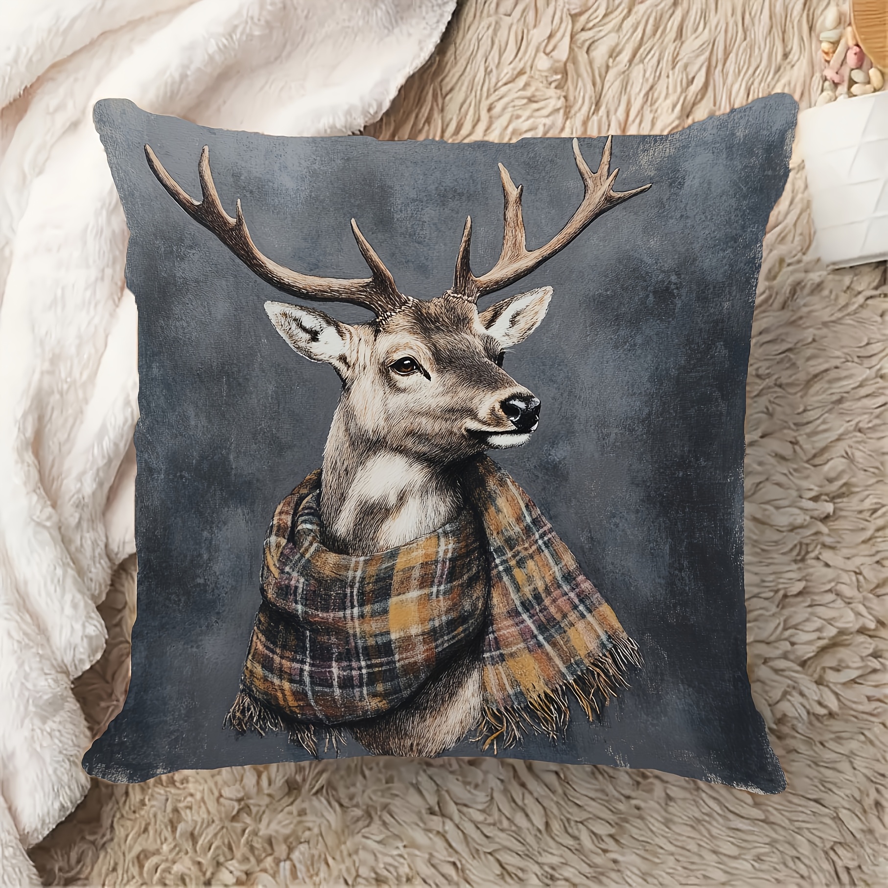TEMU 1pc Modern Stag & Gray Plaid Pillowcase - Retro Zippered Cushion Cover With Stag Print, Short Plush Suitable For Home, Office,, Machine Washable