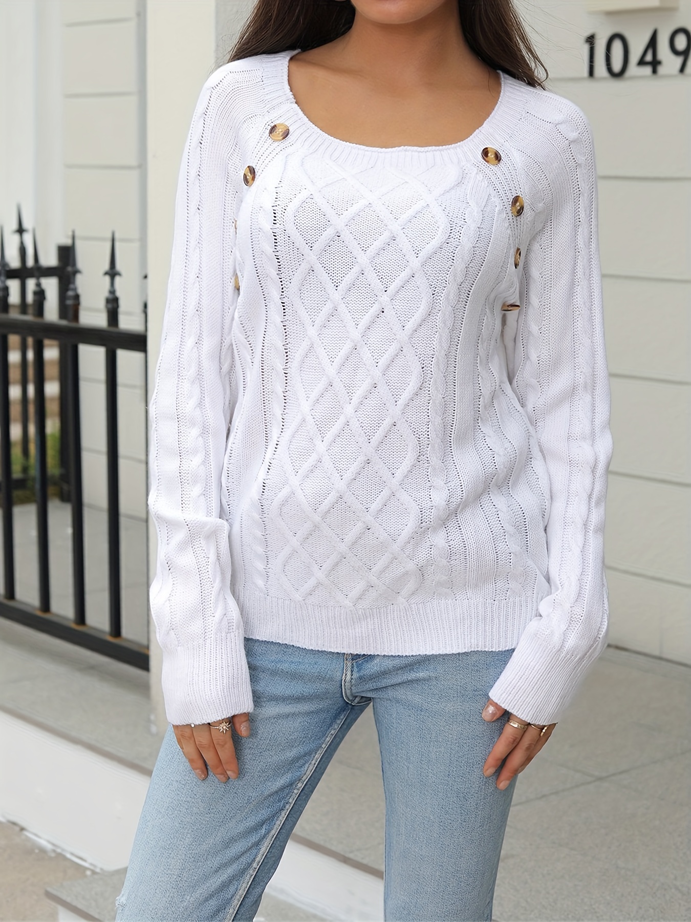 solid cable knit sweater casual crew neck long sleeve sweater womens clothing