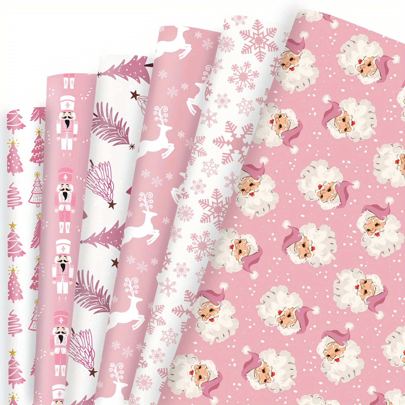 

6pcs 20 X 28 Inches Pink Christmas Wrapping - Reindeer Santa Claus & Nutcracker Design For Gift Wrapping, Holiday Presents, And Winter Celebrations