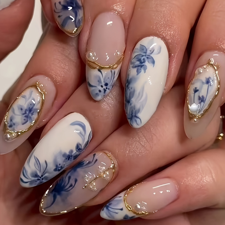 TEMU 24pcs Blue And White Porcelain Teardrop-shaped Artificial Fingernails, Featuring Hand- Rhinestones, Gilding, And Printed Painted Glossy .