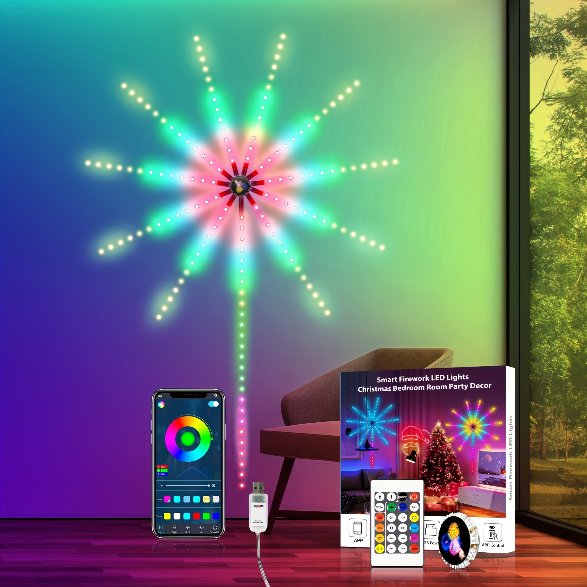 TEMU Local Warehouse Led Light Strip Rgb Fireworks Light, 97 Lighting , Control By App & Remote, Music Sync, Power 36v Usb, Suitable For Room