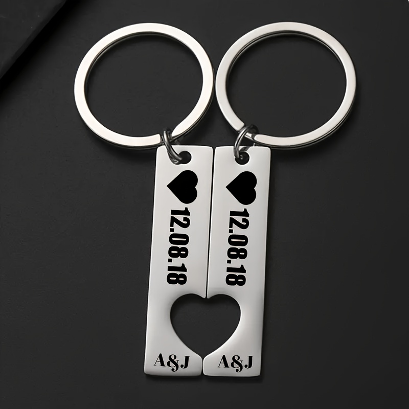 TEMU 1 Pair Personalized Engraved Stainless Steel Couple Keychains - Heart Cutout Design, Custom Date & Initials, Durable Anniversary & Graduation