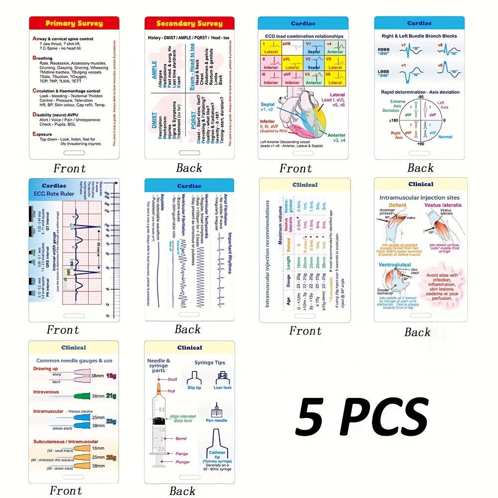 TEMU 5-pack Nursing Reference Badge Cards, Double-sided, Durable Gloss-finish Pp Material, Ideal Gift For Nurses And Critical Care Staff, Pocket-sized For Id Holders, English Language