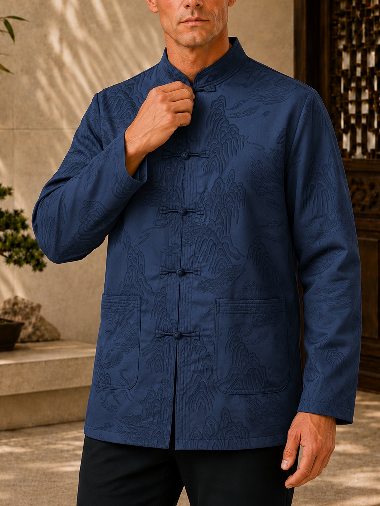   obm random print spring autumn new arrival mens traditional tang suit top new chinese style chinese inspired landscape embroidery jacquard   collar button up long sleeve shirt mens casual fashion shirt jacket with side pockets