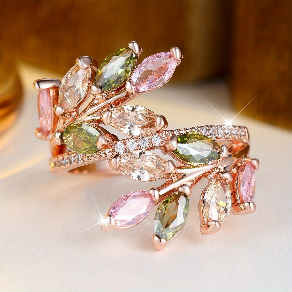 E-shop ANGOL Eleganter Marquise-Schnitt Königsblau Grün Zirkonia Blatt Ring Damen Roségolden Bohemian Cocktail Ring Ehering